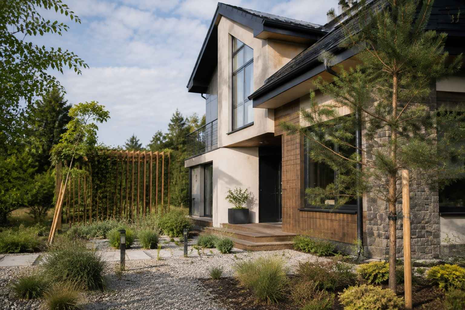 Modern house built with stone, wood, and energy-efficient materials