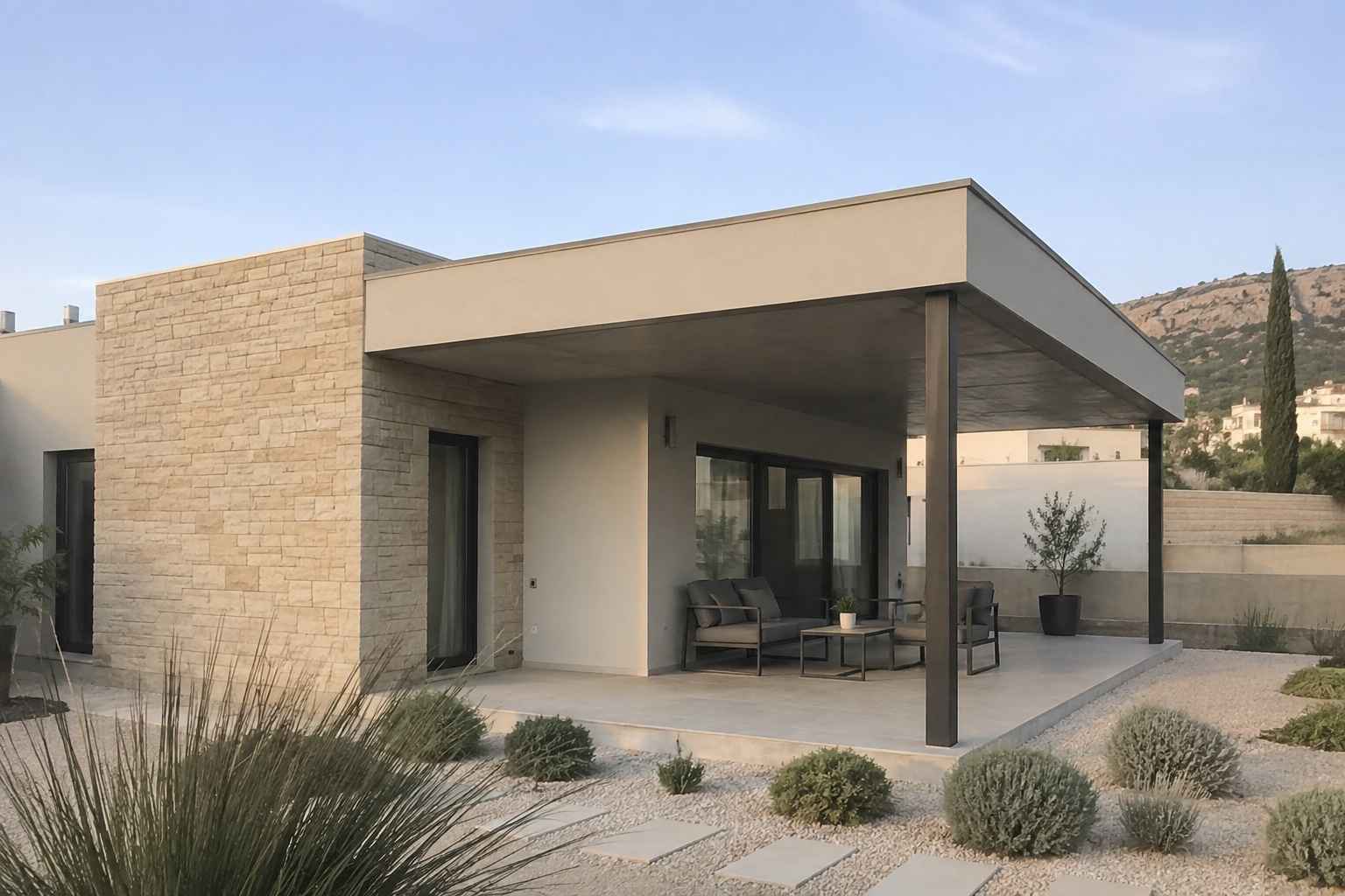 Modern energy-efficient home with stone walls and shaded patio