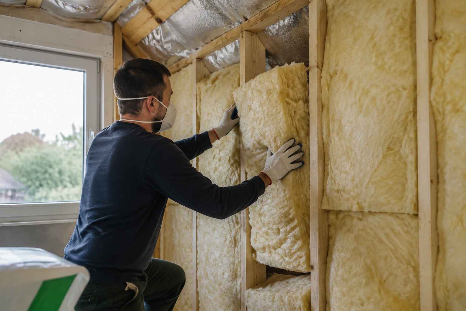 Worker fitting fiberglass insulation into a timber-framed wall