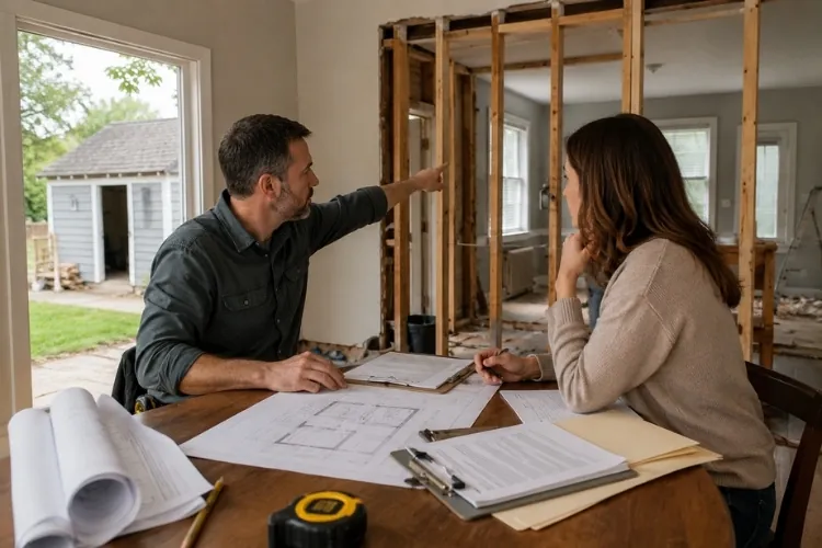 Contractor and homeowner reviewing plans beside an exposed interior wall during demolition permit planning.