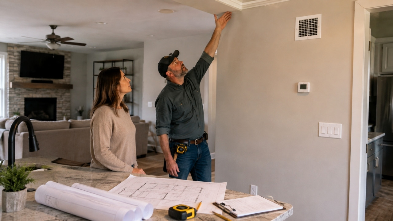 Homeowner and contractor inspecting an interior wall before removal while reviewing building plans and structural details.