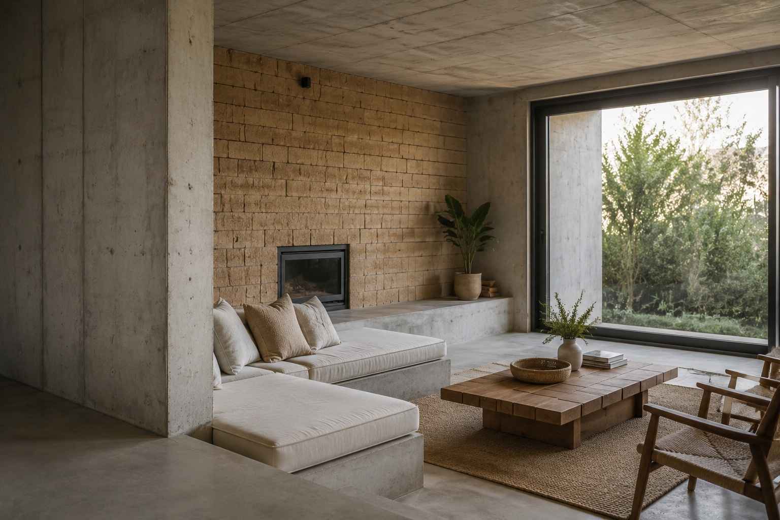 Modern living room with concrete and stone surfaces