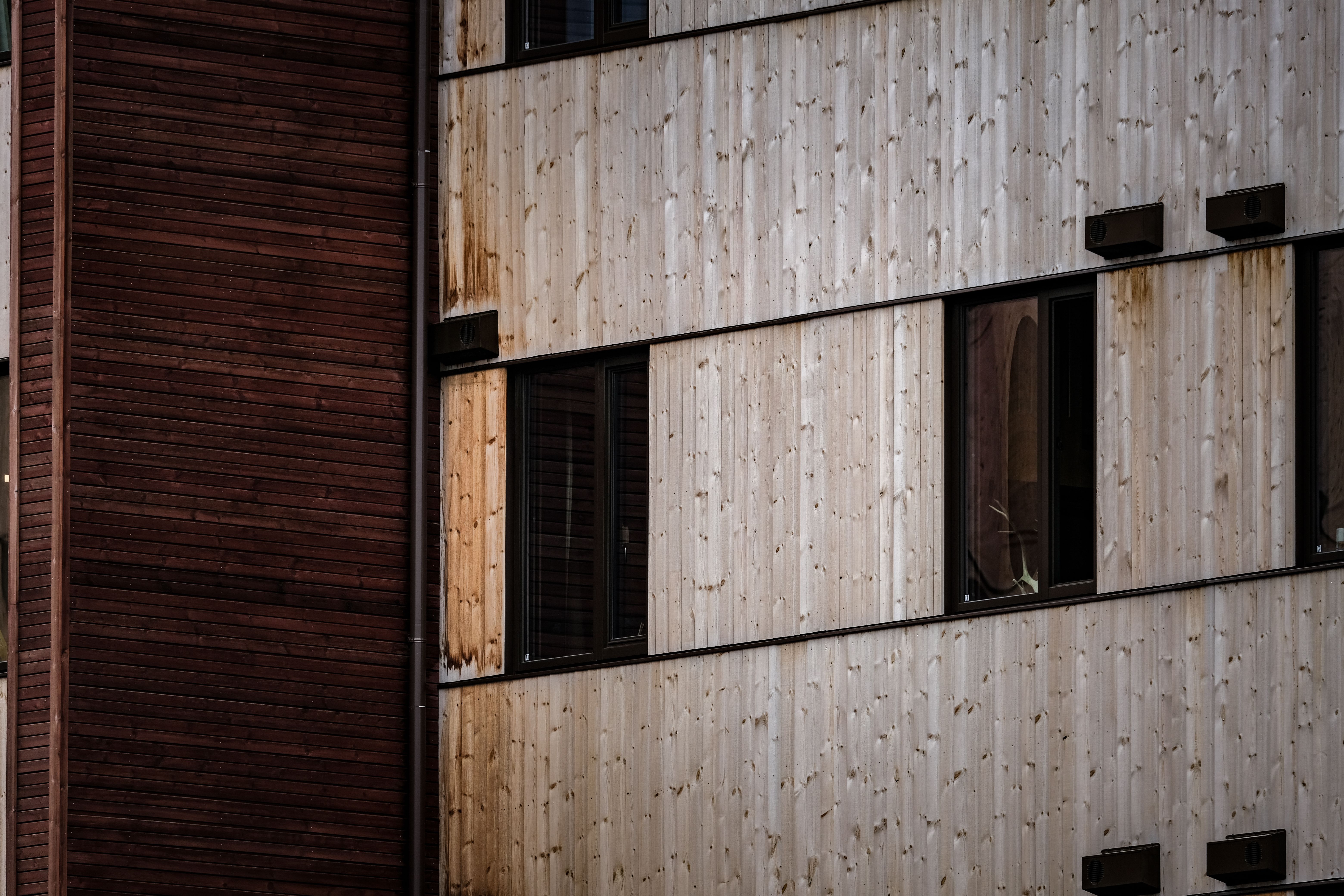 Close-up of a modern building facade with alternating wooden cladding panels and windows